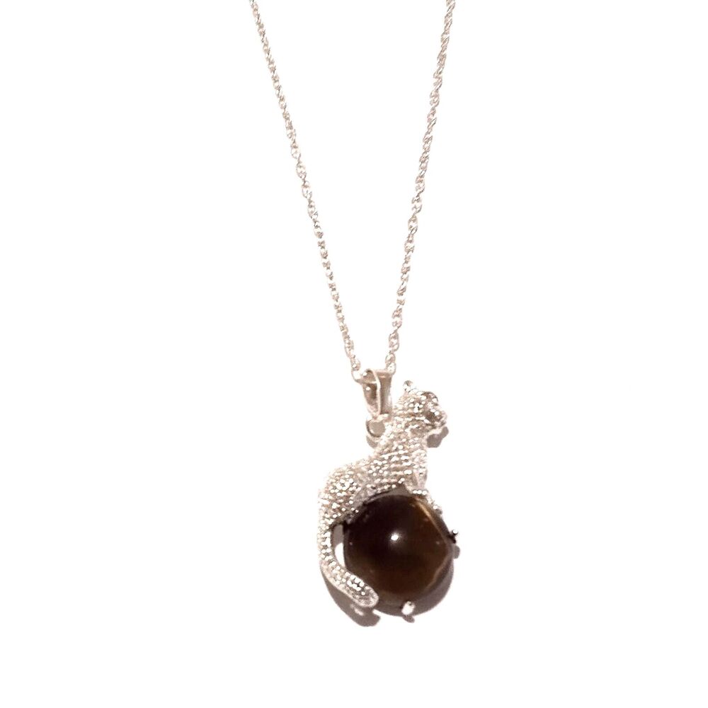 Silver Tone Leopard Tiger's Eye Pendant Necklace 18 Inch - Picture 4 of 7